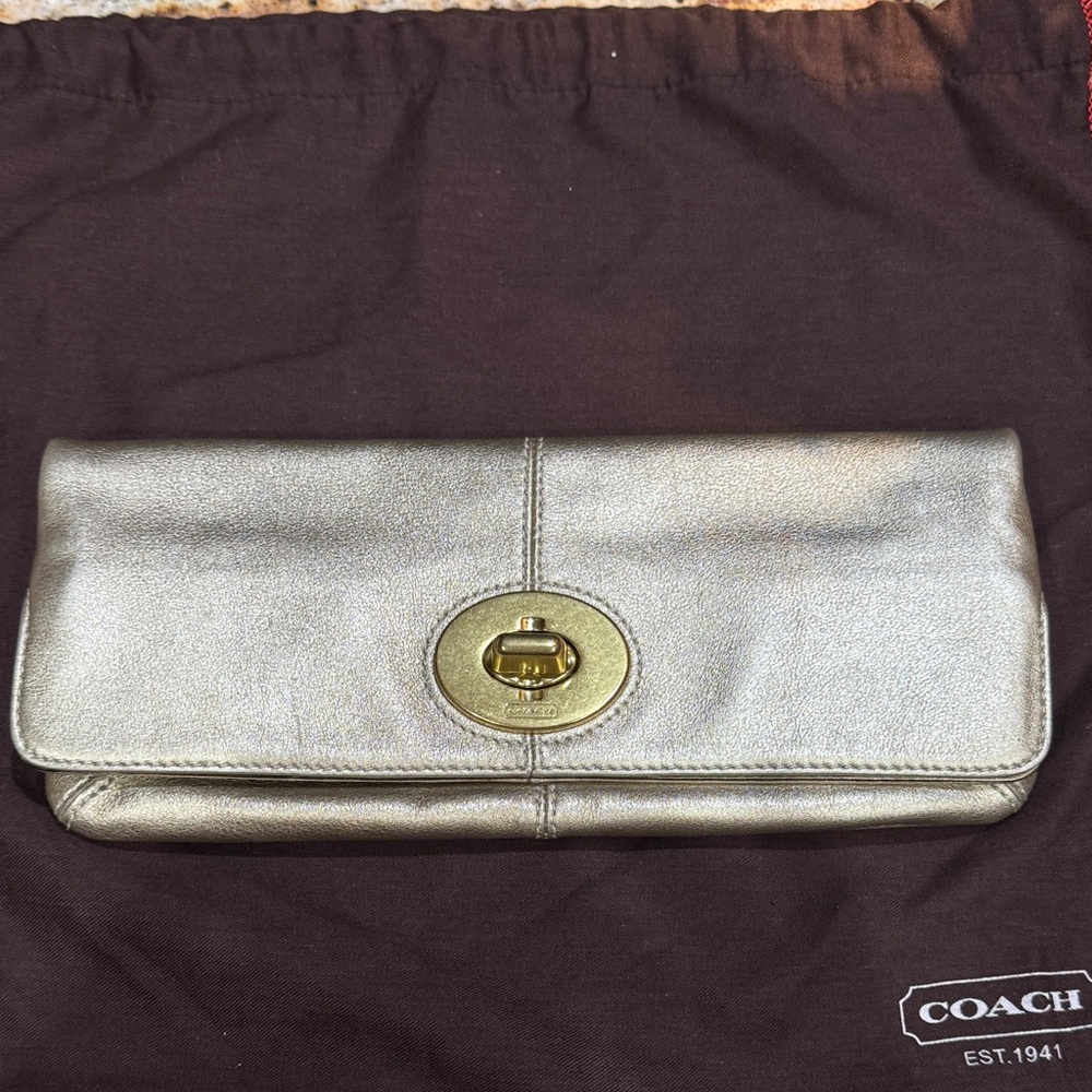 Coach Silver Clutch with Gold Turn-Lock